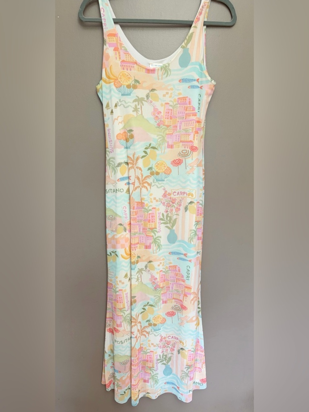 See You Monday Pastel Coastal Print Maxi Dress Vacation Beach Sz L